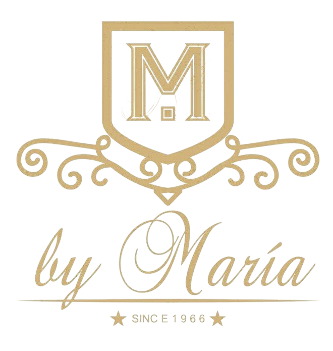 Logotipo de M by Maria Ropa y Complementos. En color dorado estilo Boutique